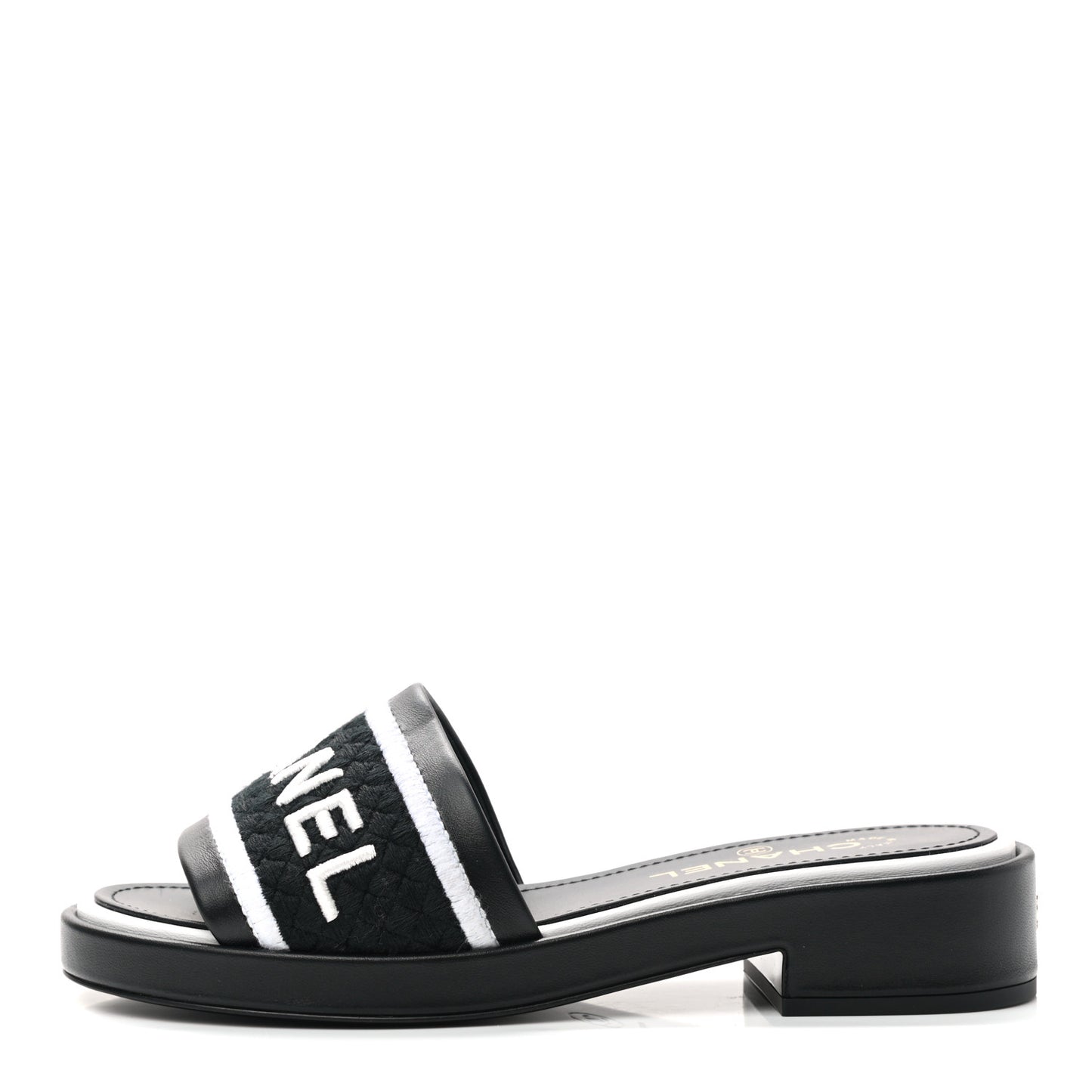 Lambskin Embroidered CC Mule Sandal 38 Black White