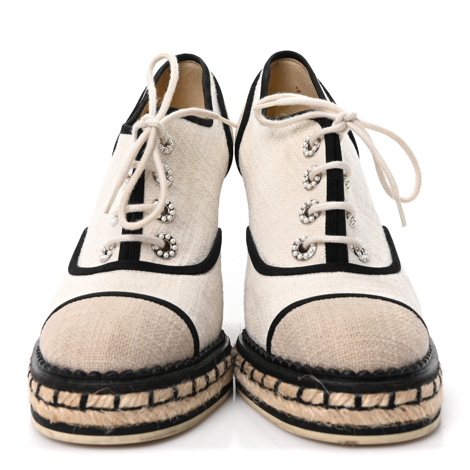 Chanel Raffia Lace Up Wedge Espadrilles 37 Beige 3 of 9