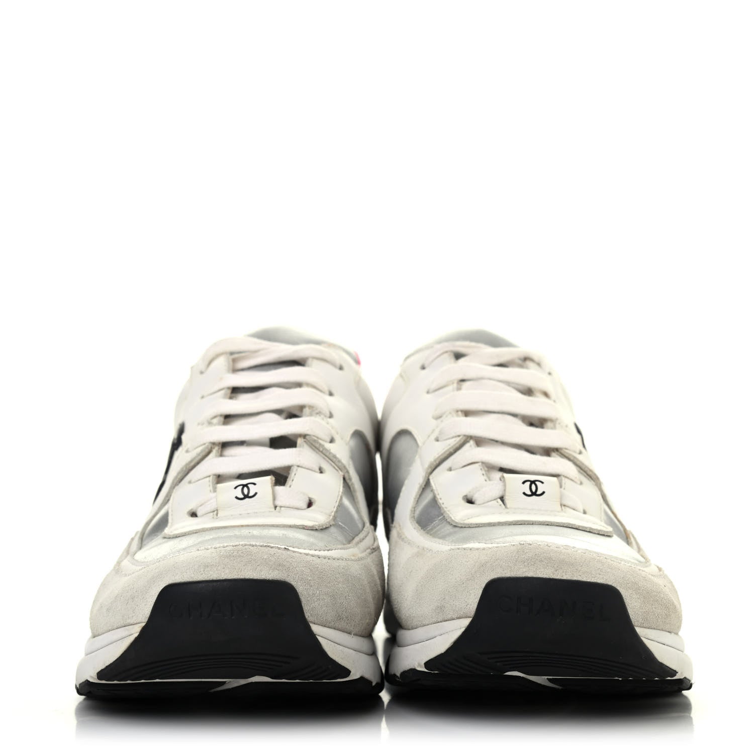 Chanel Calfskin Fabric Sneakers 38 White Silver Fluo Pink 2 of 4