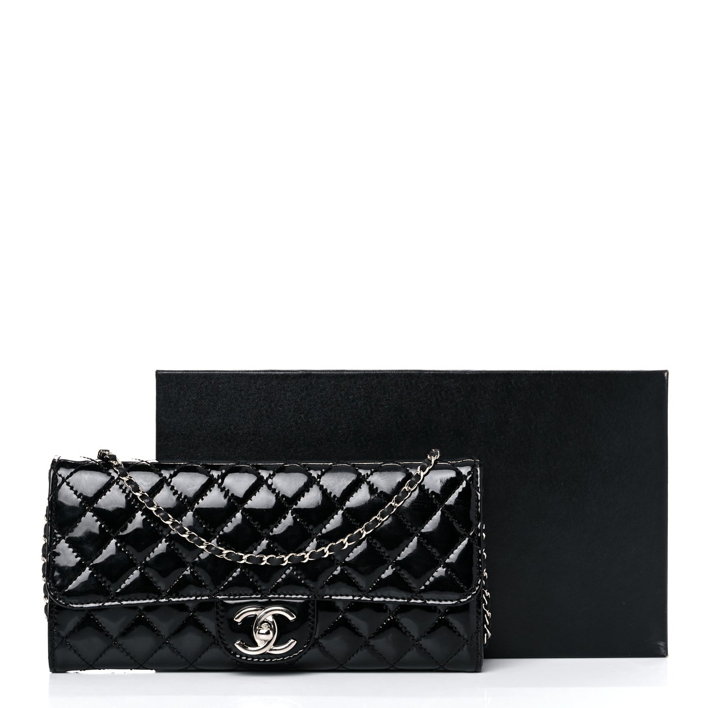 Patent Calfskin Quilted Brilliant East West Flap Clutch Black