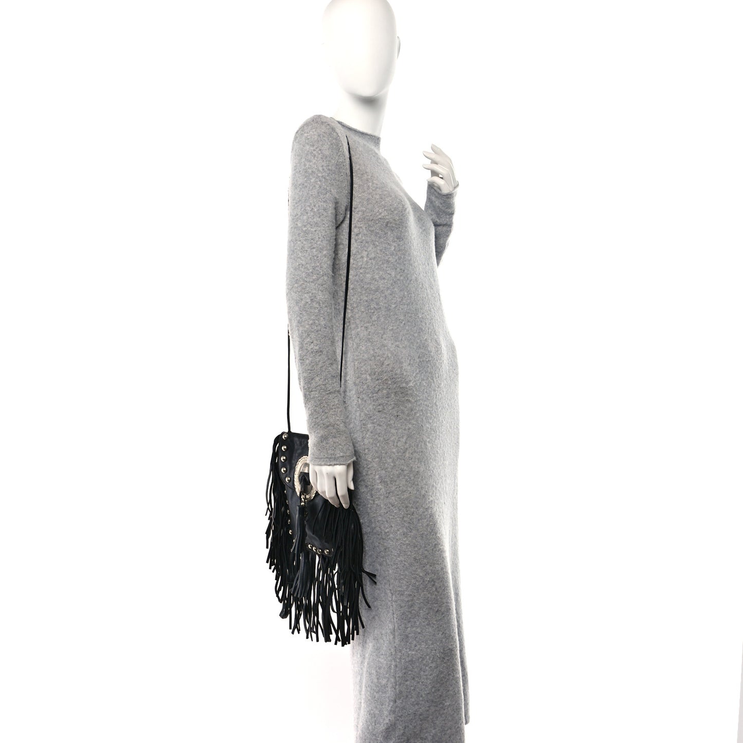 Calfskin Fringe Small Studded Anita Crossbody Bag Black