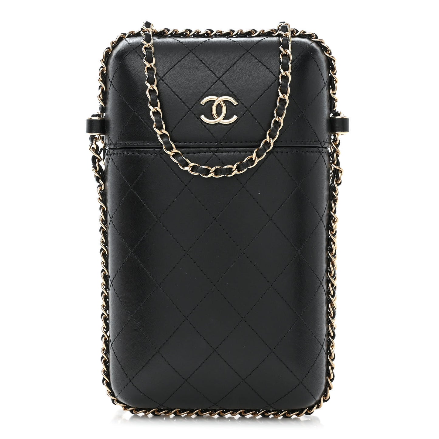 Lambskin Quilted Chain Around Phone Holder Black