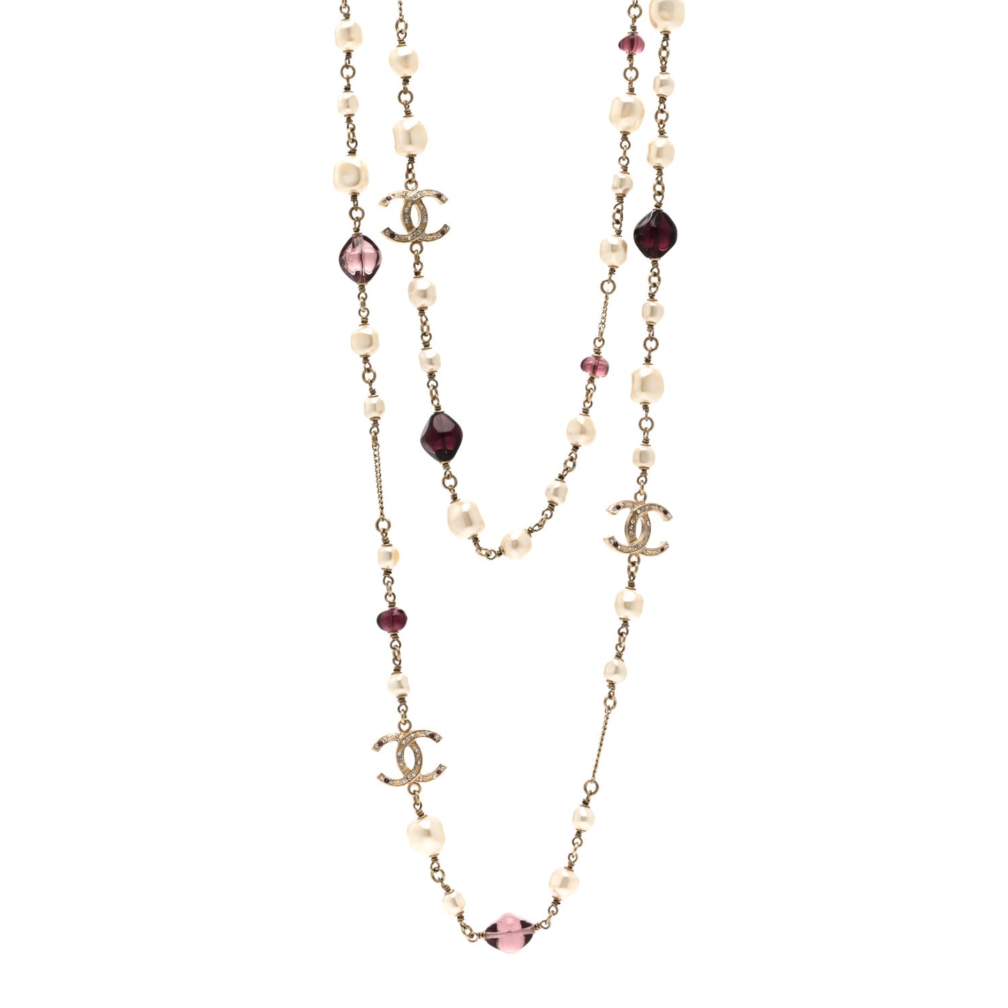 Beaded Pearl Crystal CC Long Strand Necklace Gold Purple