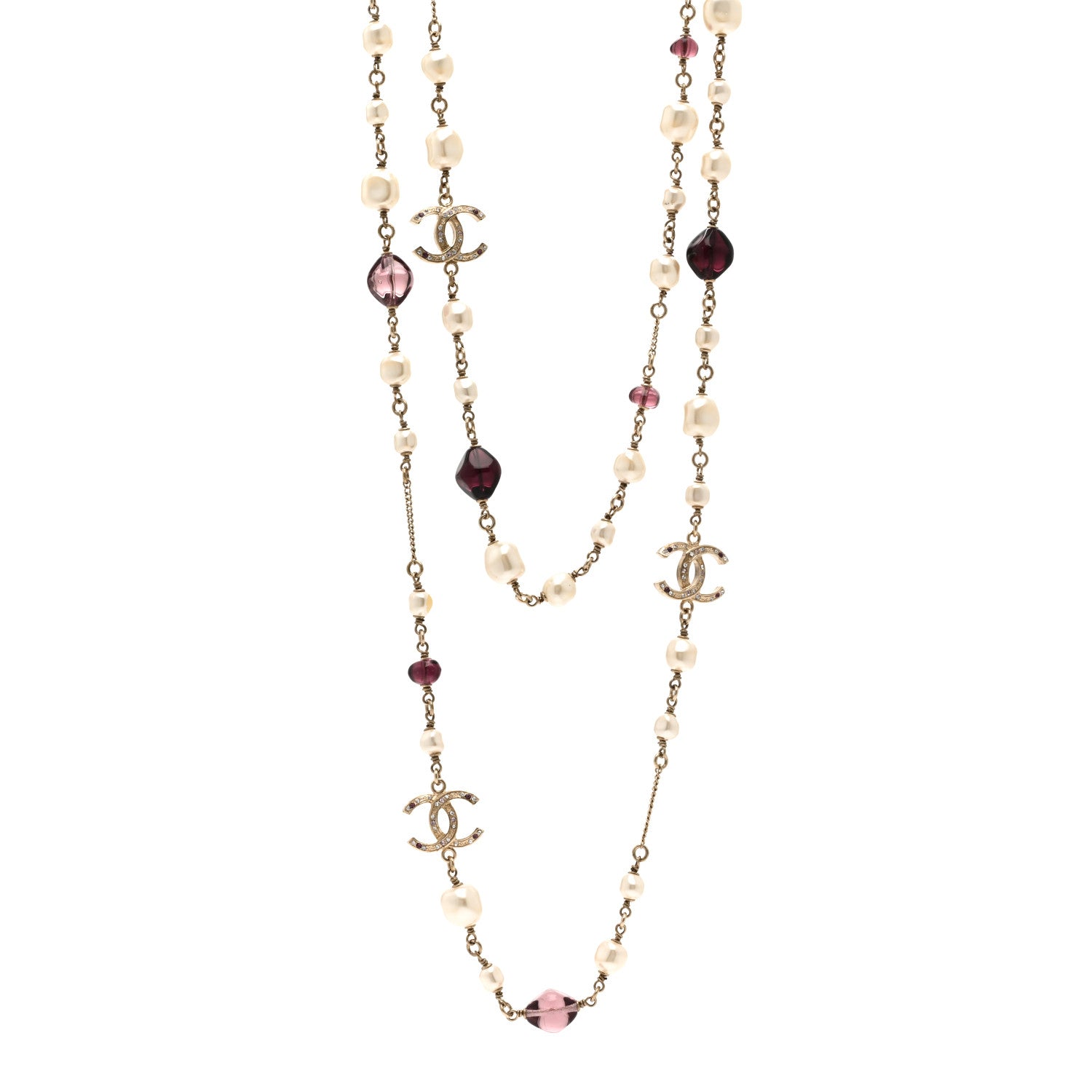 Chanel Beaded Pearl Crystal CC Long Strand Necklace Gold Purple 1 of 6