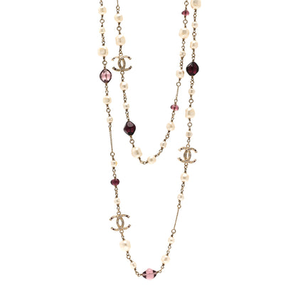 Chanel Beaded Pearl Crystal CC Long Strand Necklace Gold Purple 1 of 6