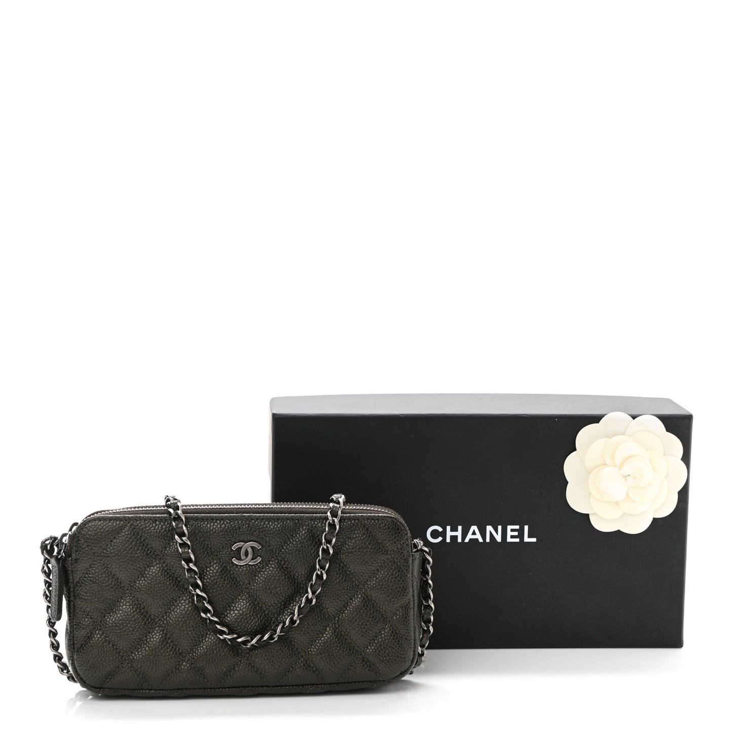 Caviar Quilted Small Clutch With Chain Dark Charcoal