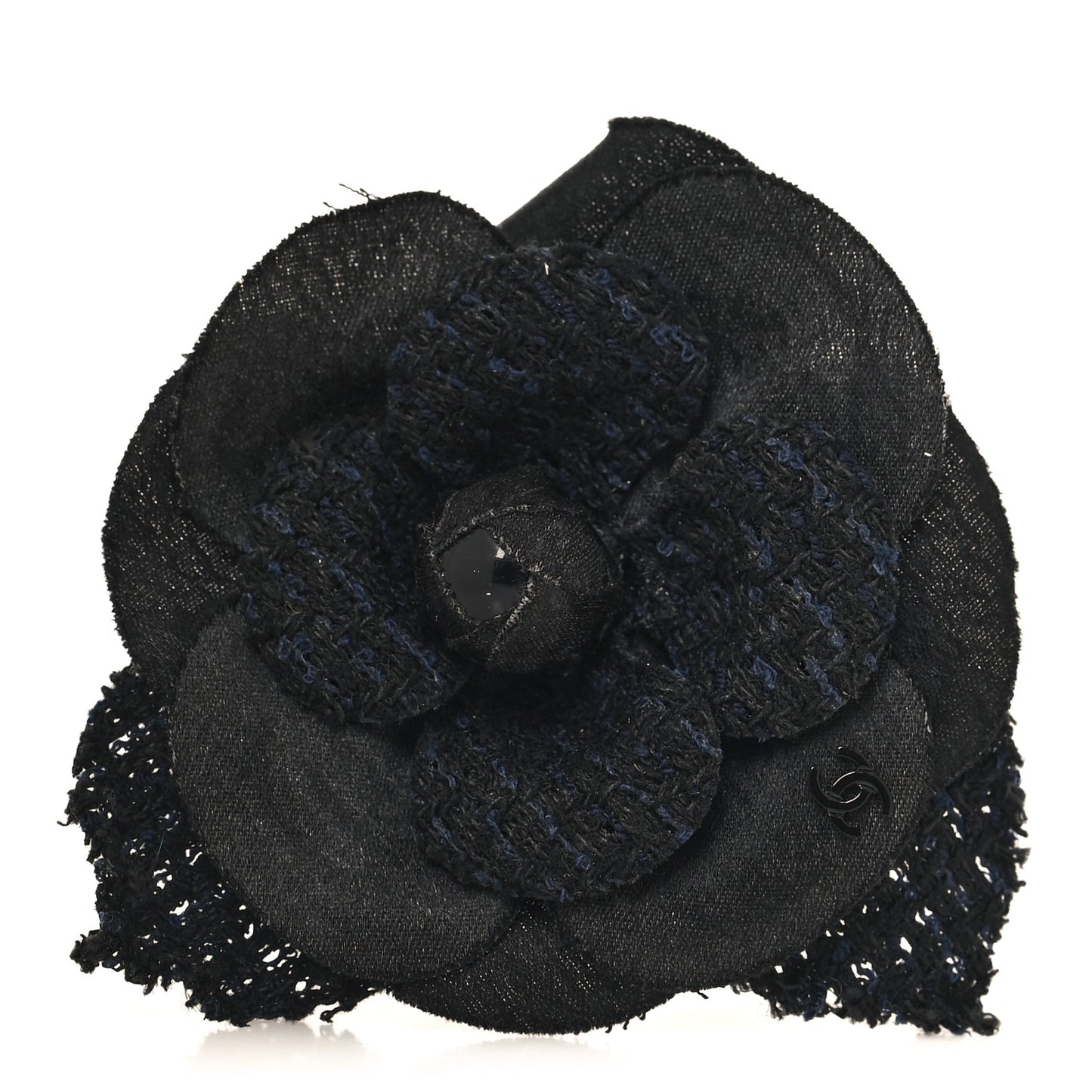 Tweed Fabric Camellia Pin Brooch Black