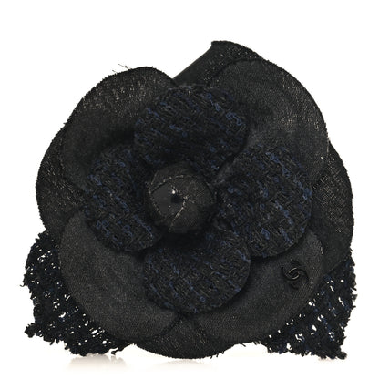Chanel Tweed Fabric Camellia Pin Brooch Black 1 of 3