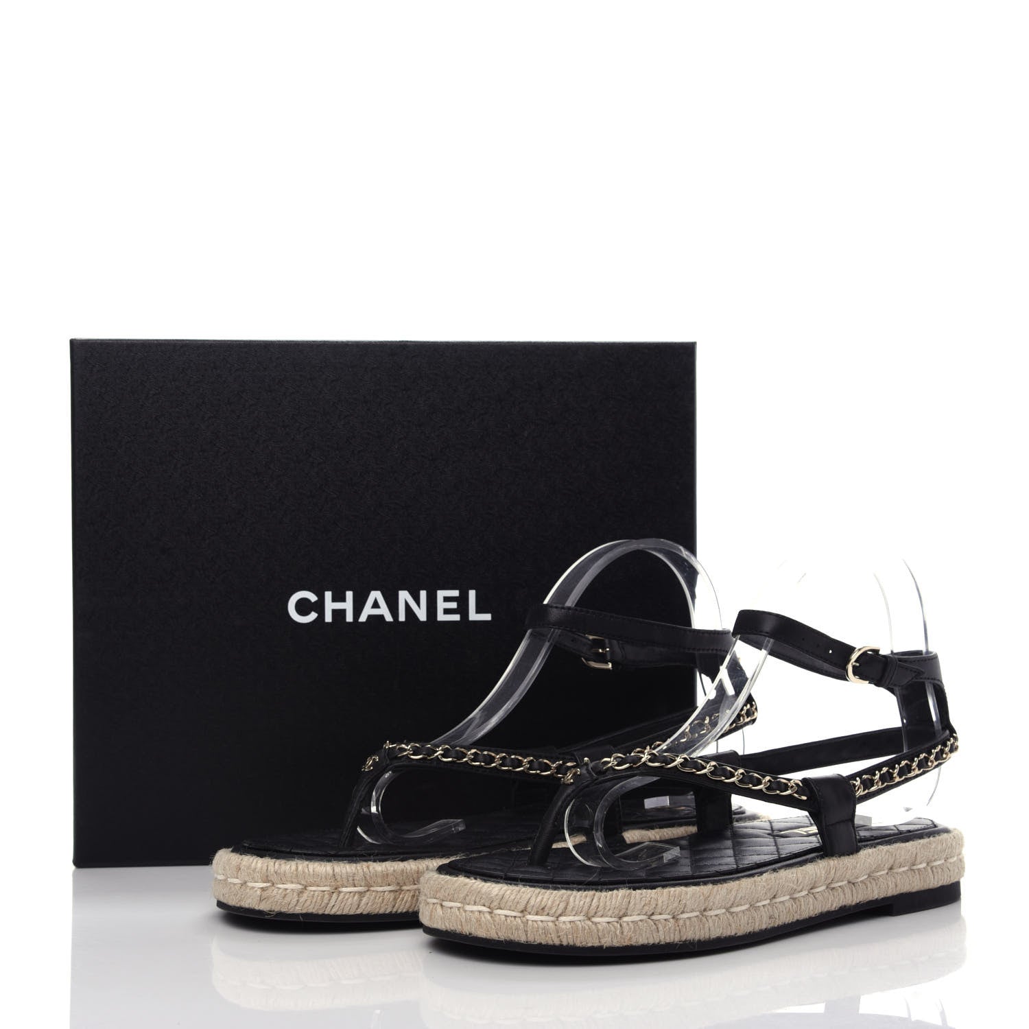 Chanel Lambskin Chain CC Thong Espadrille Sandals 40 Black 710659