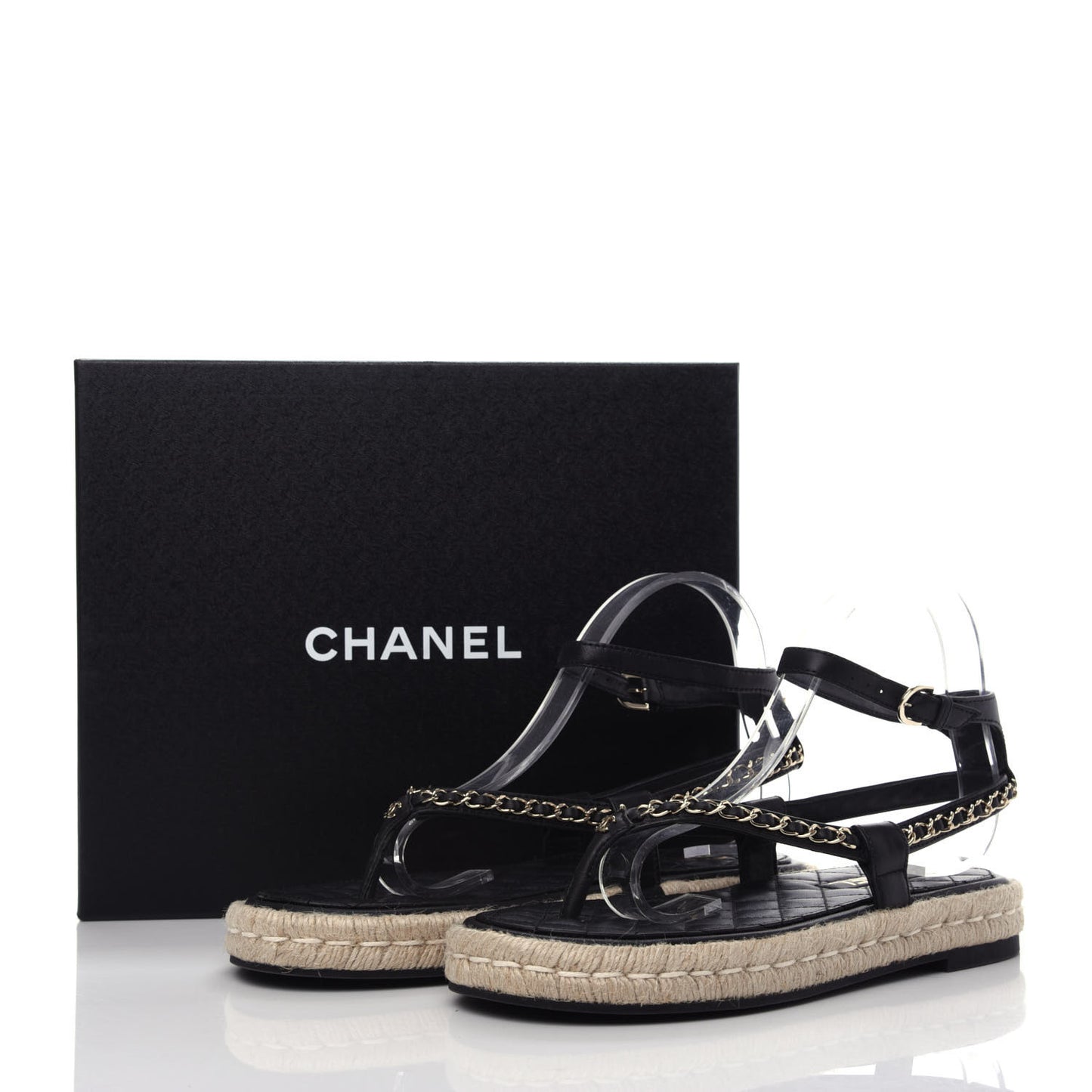 Lambskin Chain CC Thong Espadrille Sandals 40 Black