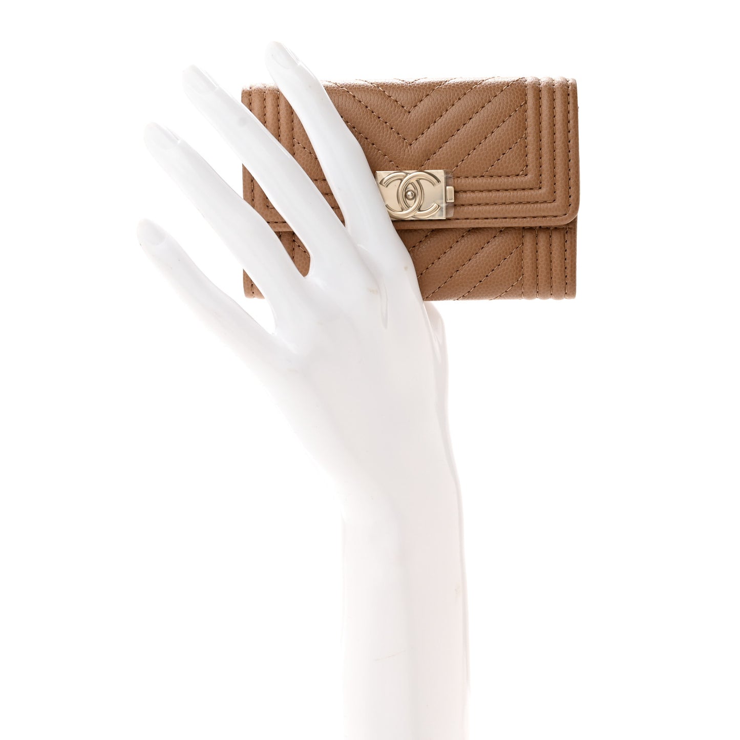 Caviar Chevron Quilted Boy Card Holder Beige