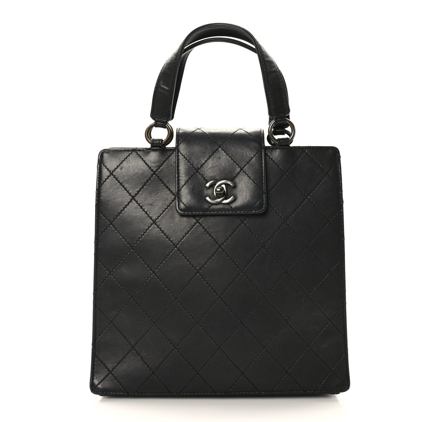 Lambskin Stitched Top Handle Tote Black