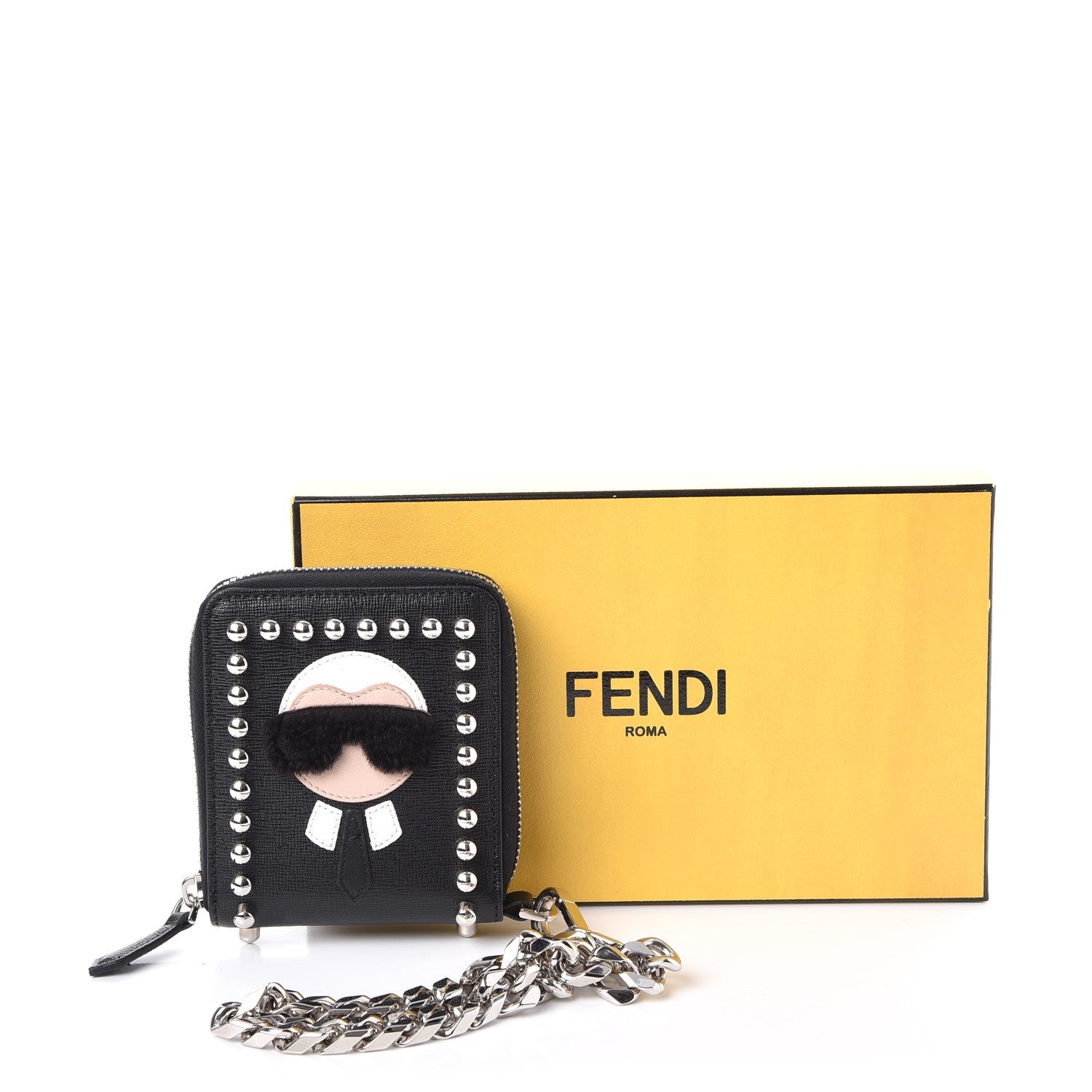 Fendi Vitello Elite Flamingo Mink Karlito Studded Zip Around Chain Wallet Black White Plaster 8 of 8