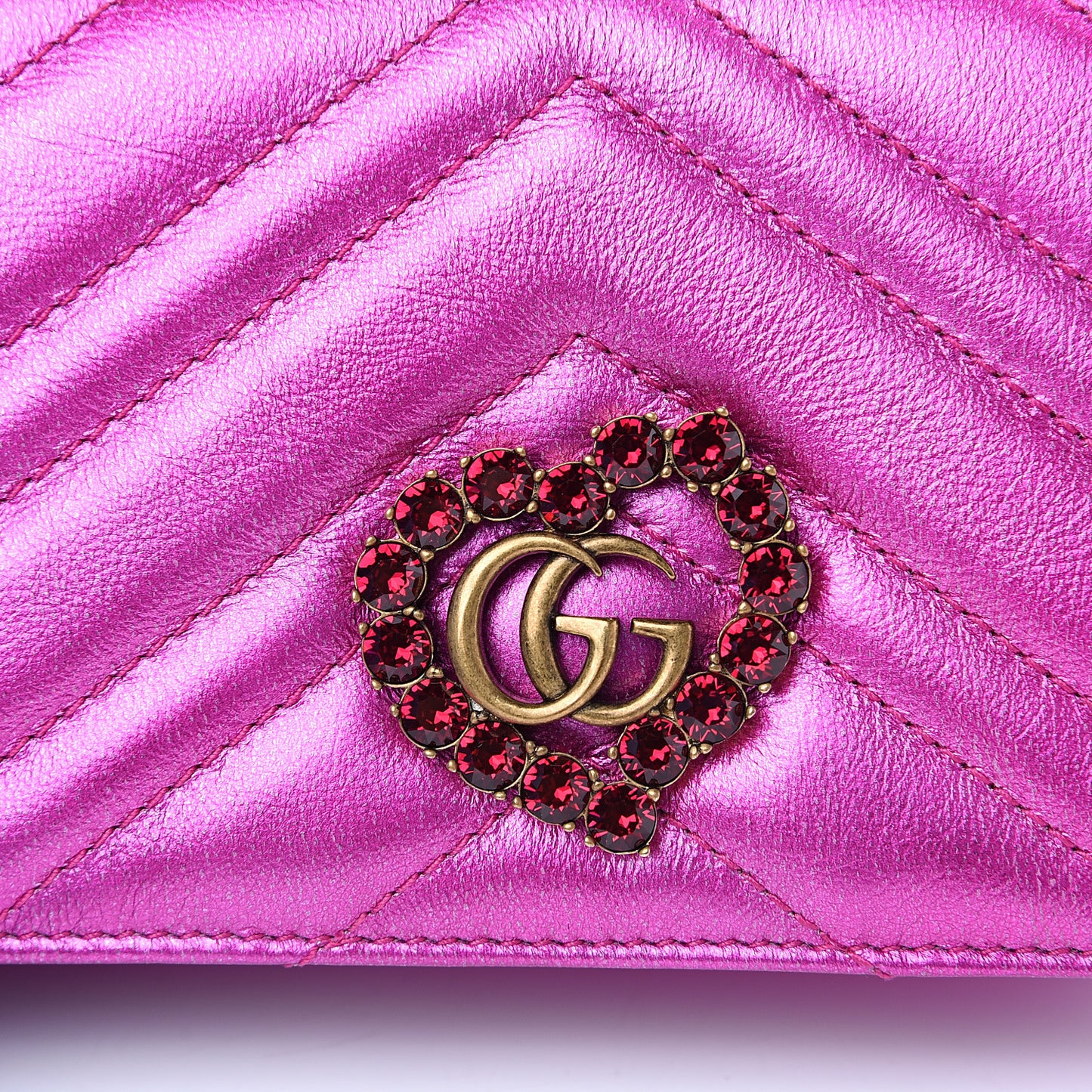 Metallic Calfskin Matelasse Crystal GG Marmont Mini Bag Fuchsia