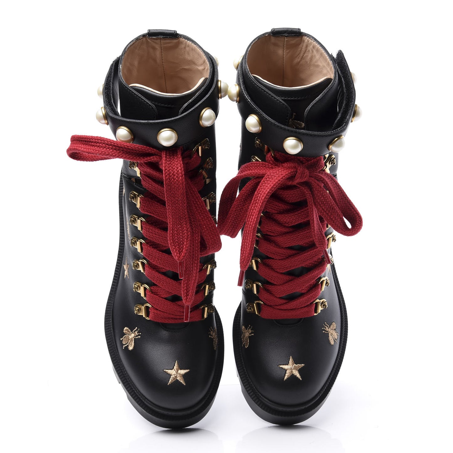Calfskin Bee Star Embroidered Lace Up Combat Ankle Boots 37 Black