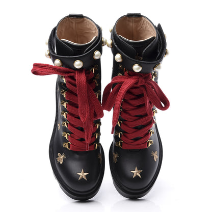 Gucci Calfskin Bee Star Embroidered Lace Up Combat Ankle Boots 37 Black 6 of 11
