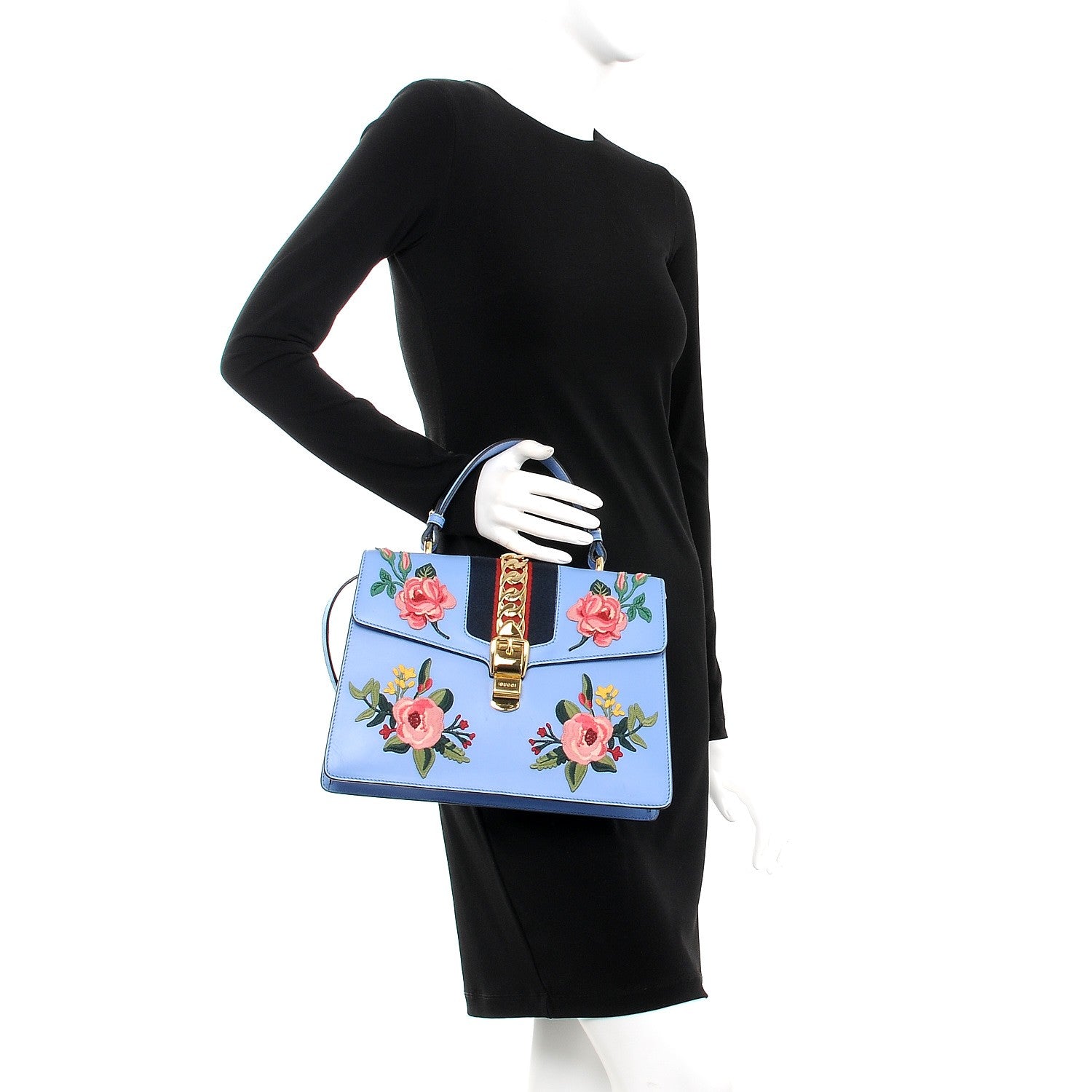 Gucci Calfskin Embroidered Medium Sylvie Top Handle Bag Clear Sky Blue 3 of 8