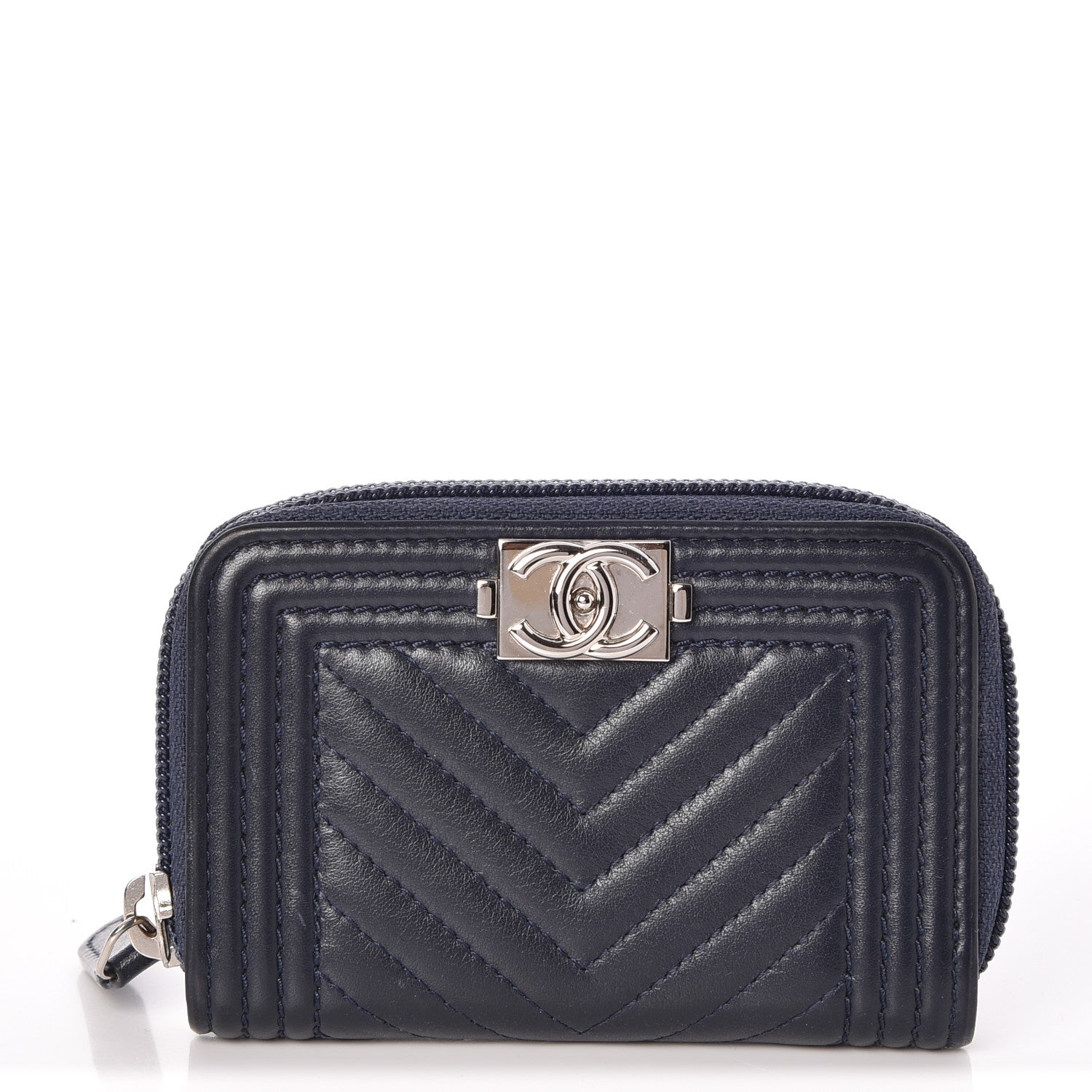 Chanel Calfskin Chevron Zip Around Boy Coin Purse Wallet Dark Navy 1 of 8