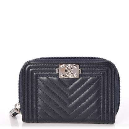 Chanel Calfskin Chevron Zip Around Boy Coin Purse Wallet Dark Navy 1 of 8