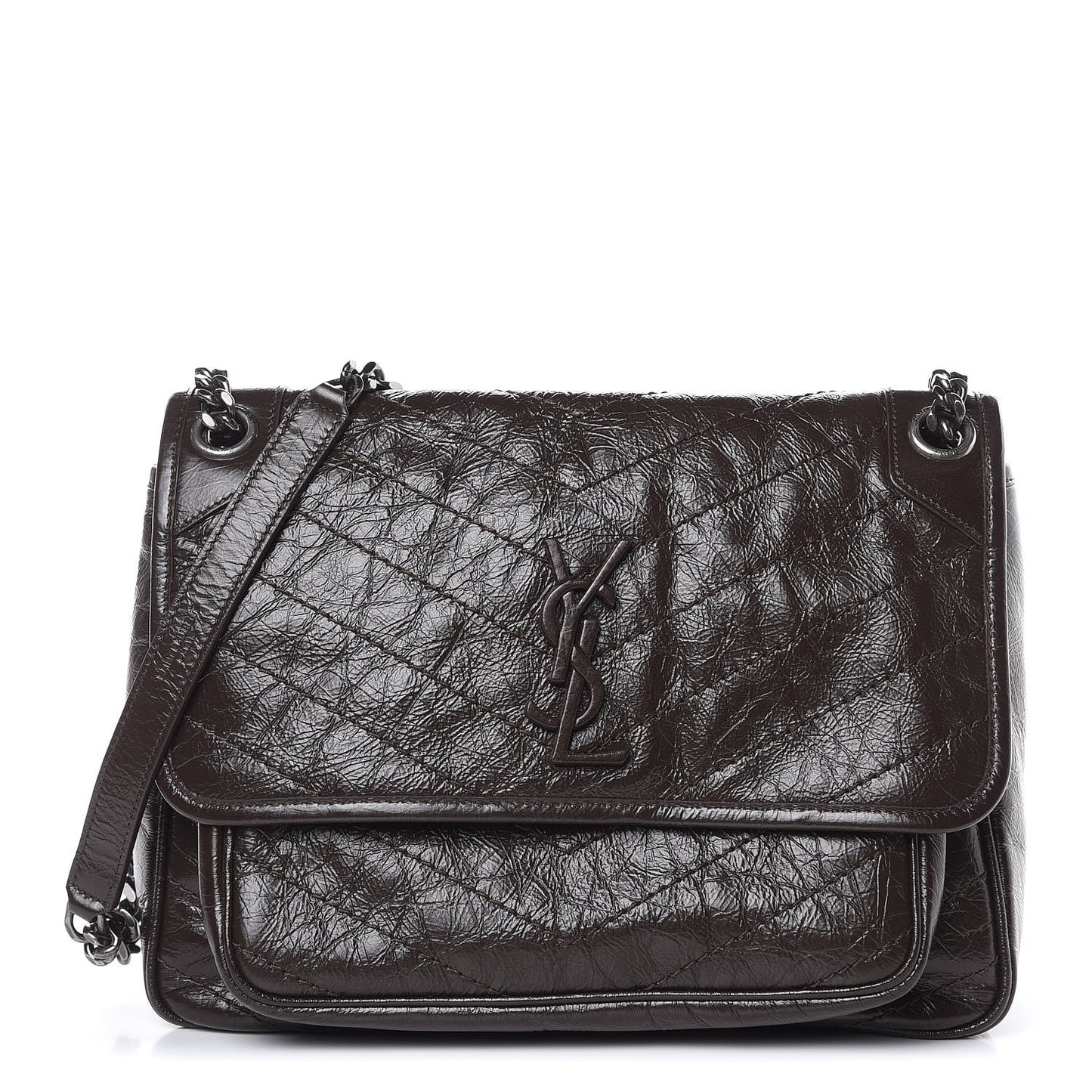 Crinkled Calfskin Matelasse Monogram Medium Niki Chain Satchel Western Moka