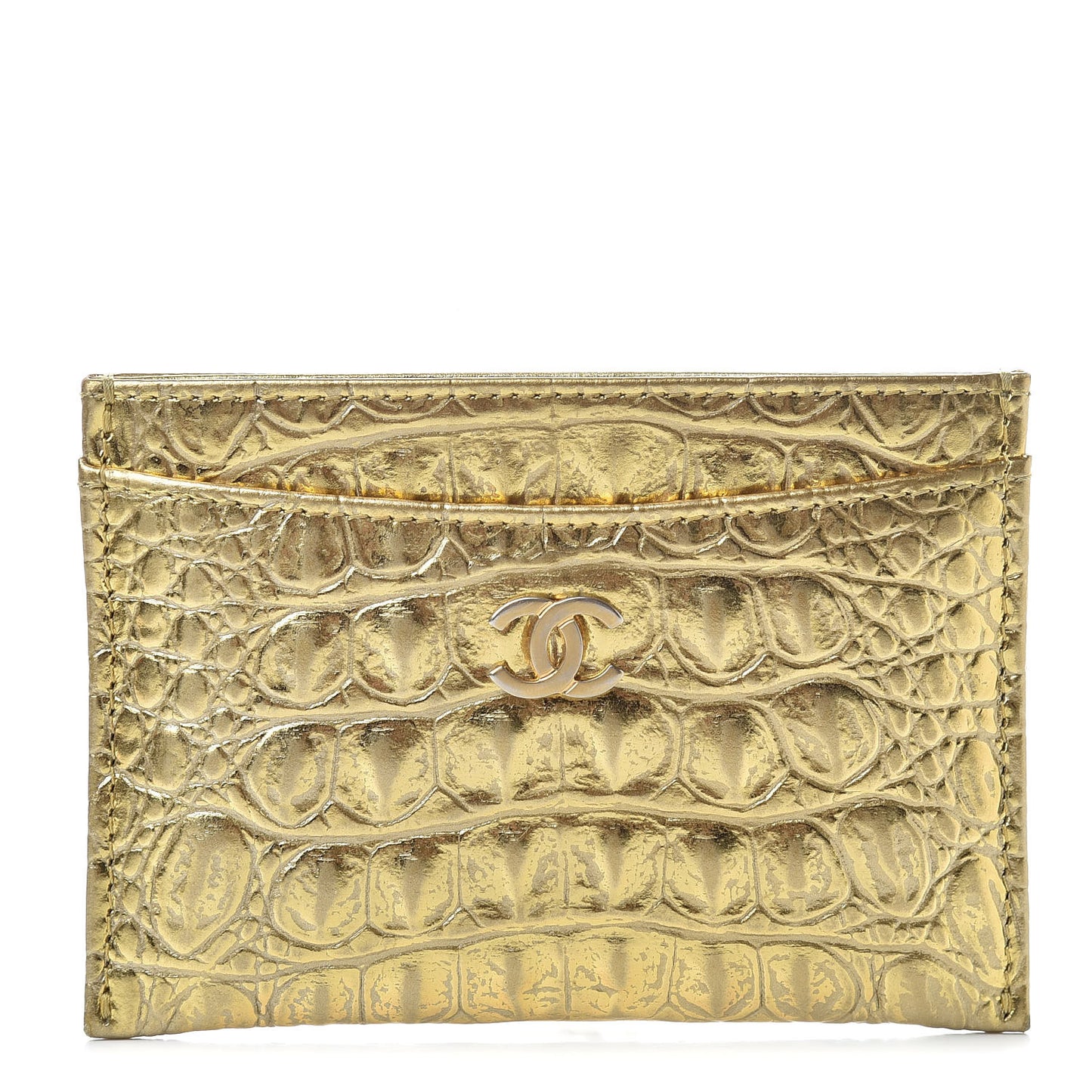 Metallic Calfskin Crocodile Embossed Cocodile Card Holder Gold