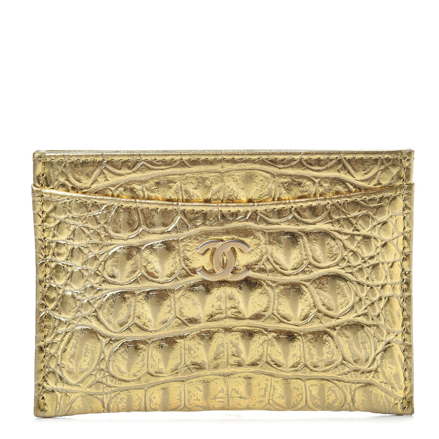 Chanel Metallic Calfskin Crocodile Embossed Cocodile Card Holder Gold 1 of 13