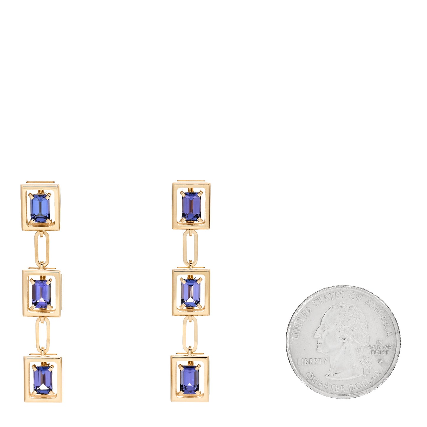 18K Yellow Gold Tanzanite Jewel Box Drop Earrings