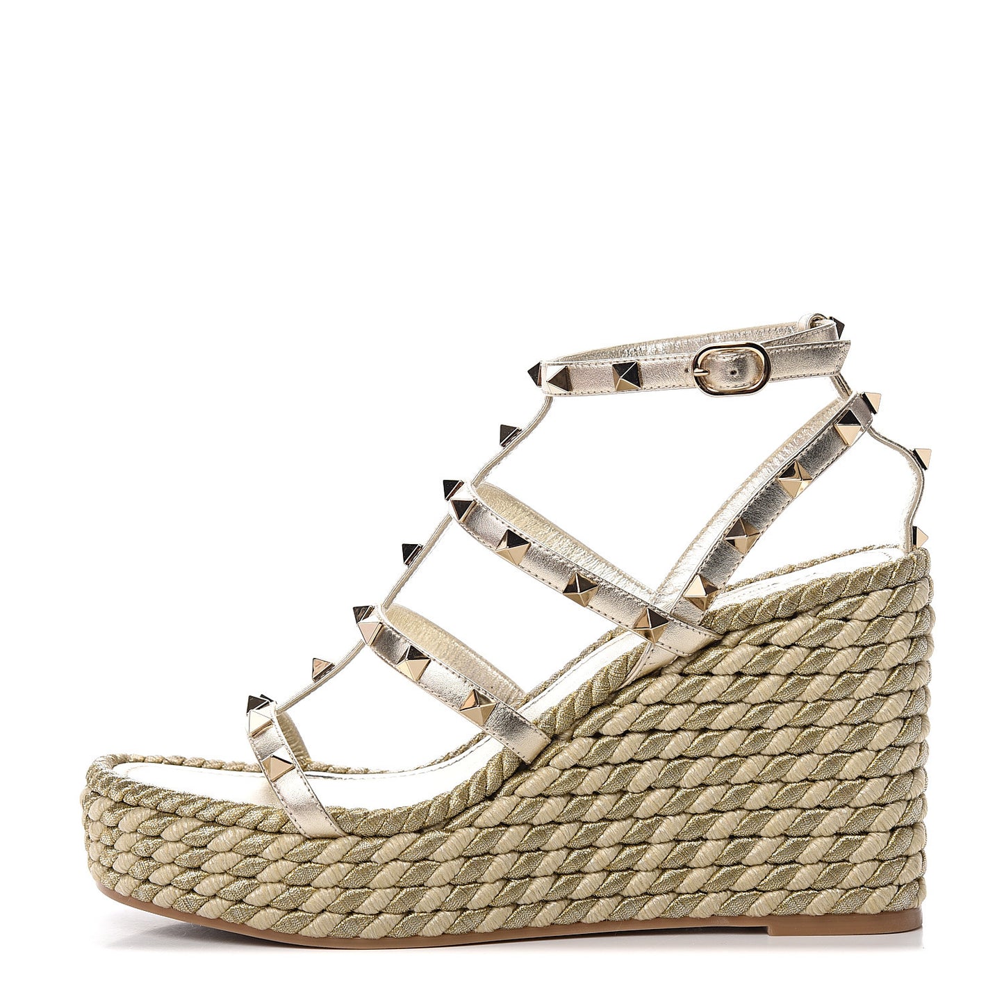 Metallic Nappa Rockstud Ankle Strap Torchon Espadrille Caged 25/95mm Wedge Sandals 39 Platino