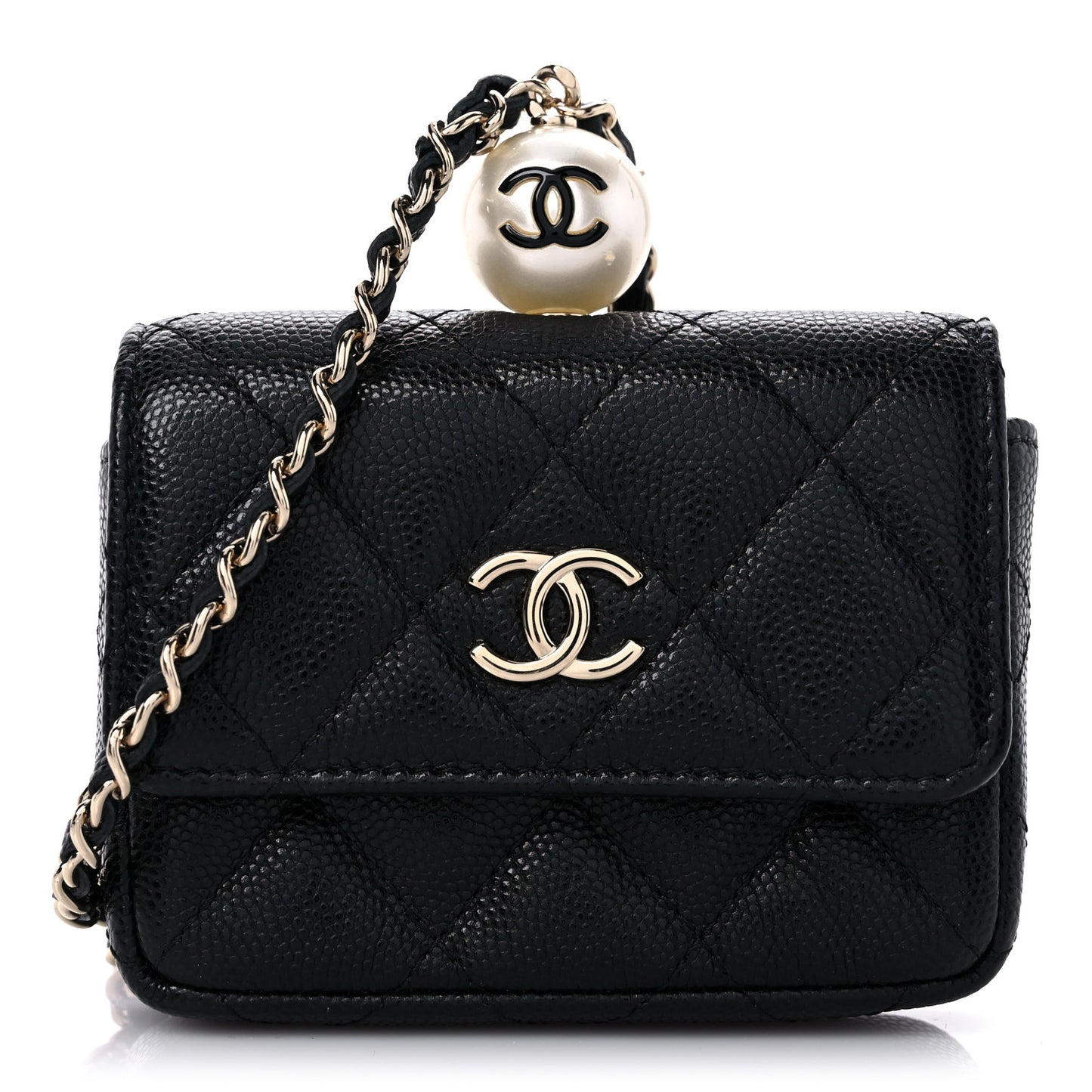 Caviar Quilted Mini Pearl On Top Coin Purse With Chain Black