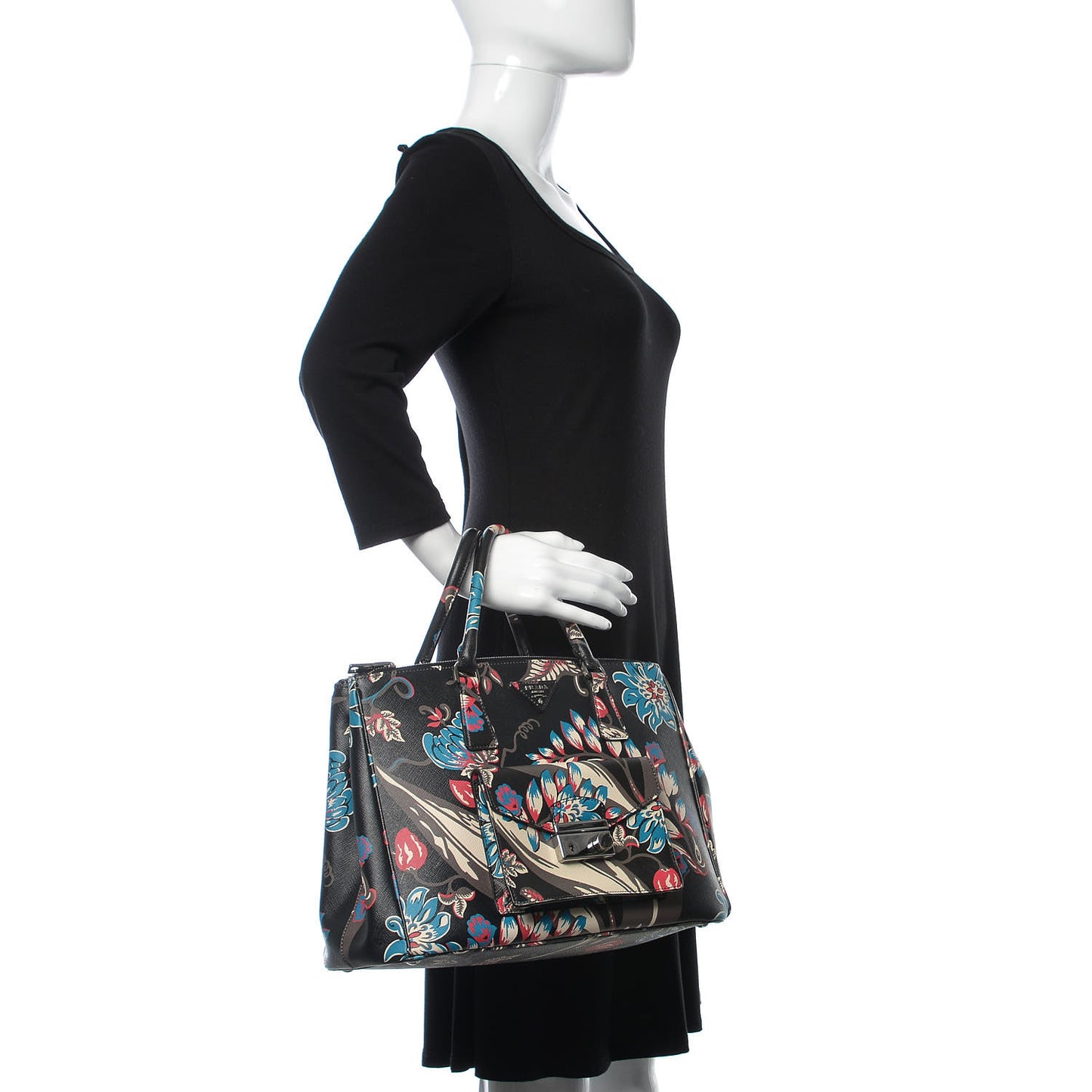 Saffiano Floral Print Galleria Front Pocket Tote Black Multicolor