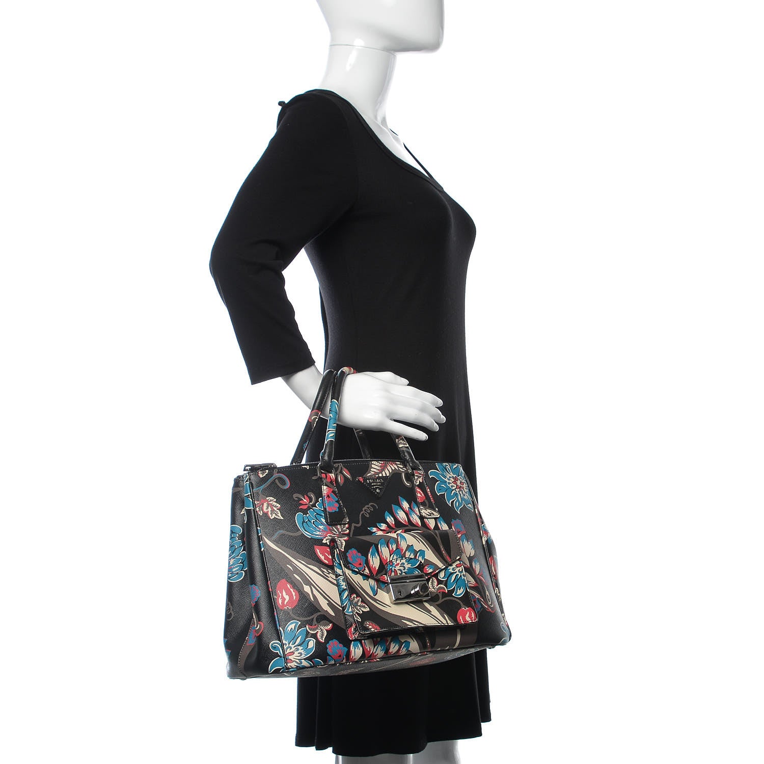 Prada Saffiano Floral Print Galleria Front Pocket Tote Black Multicolor 3 of 11