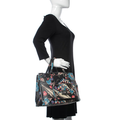 Prada Saffiano Floral Print Galleria Front Pocket Tote Black Multicolor 3 of 11