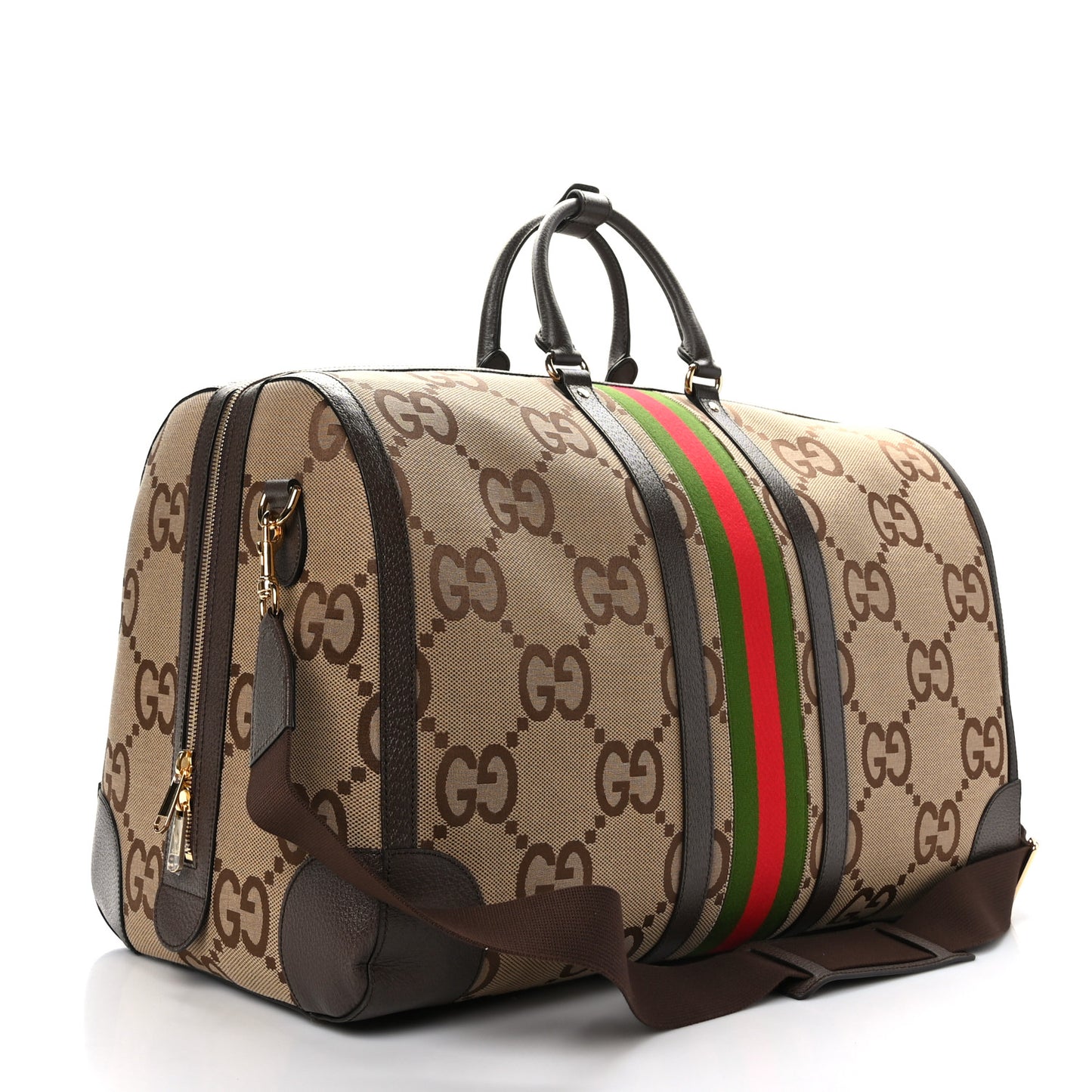 Monogram Jumbo GG Textured Dollar Calfskin Web Maxi Duffle Bag Camel Ebony