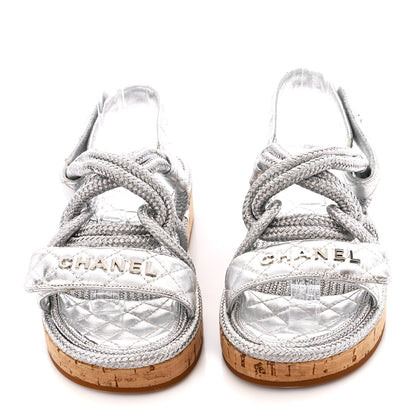 Chanel Metallic Cord Lambskin Quilted Logo Sandals 37 Black 2 of 10