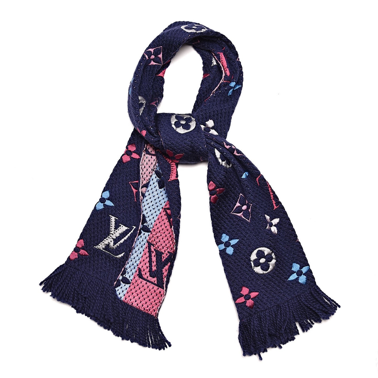 Wool Silk Rainbow Logomania Scarf Navy