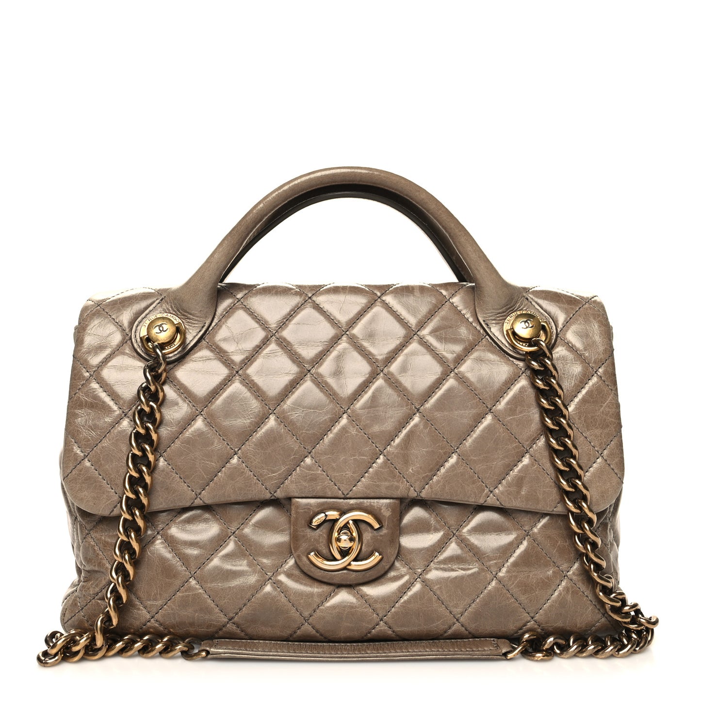 Glazed Calfskin Castle Rock Medium Flap Dark Beige
