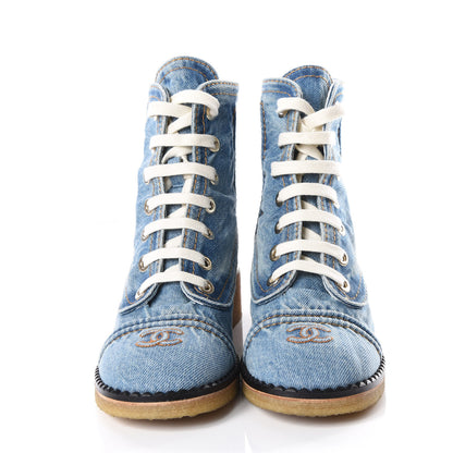 Chanel Denim Lace Up Boots 38.5 Light Blue 3 of 9