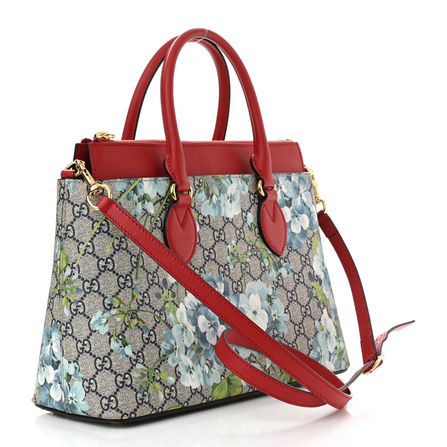 Gucci GG Supreme Monogram Blooms Medium Zip Top Tote Beige Blue Navy Hibiscus Red 2 of 9