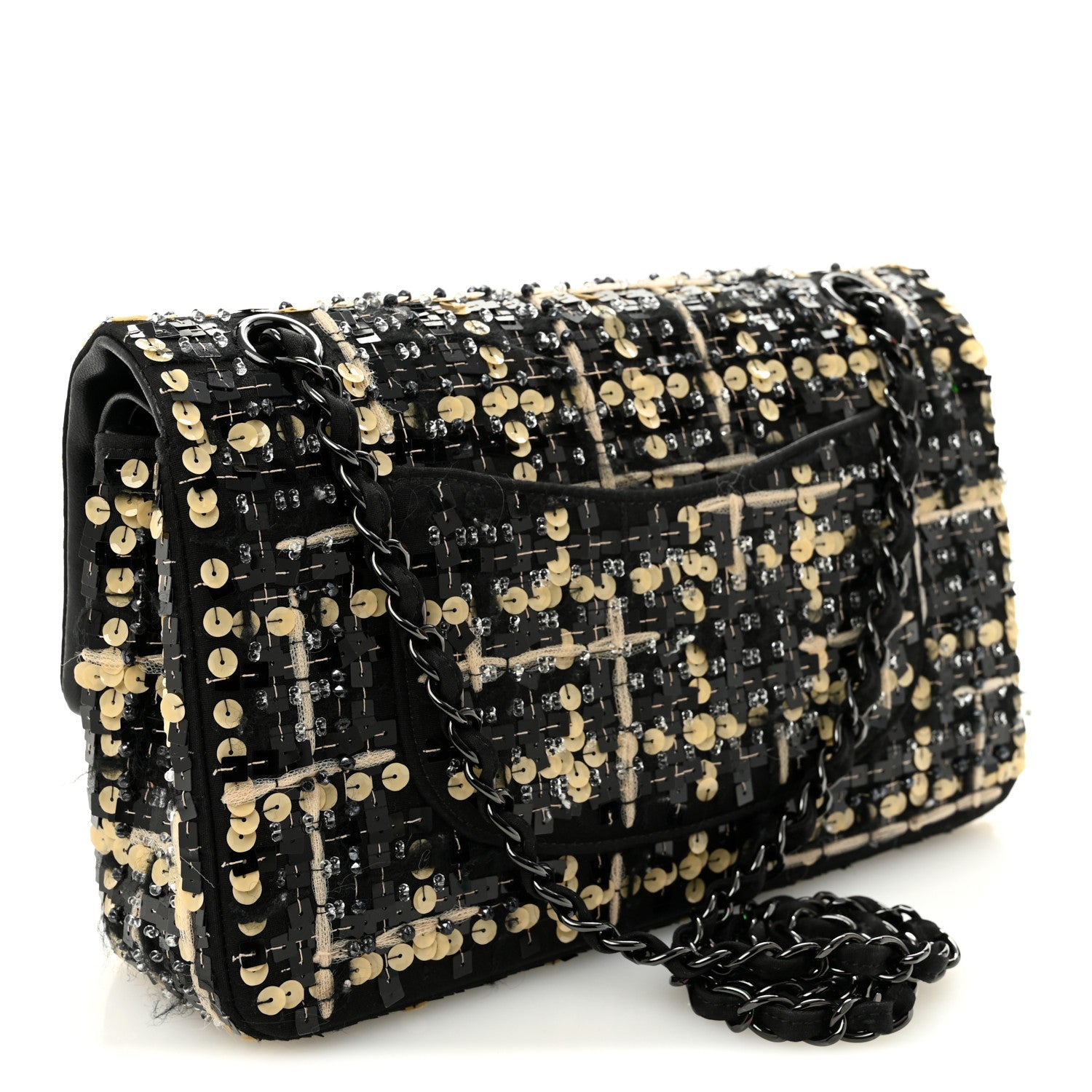 Chanel Satin Sequin Embroidered Medium Double Flap Black 3 of 12