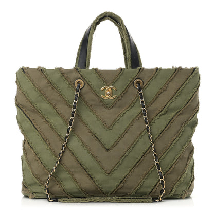 Chanel Canvas Chevron Cuba Patchwork Shopper Tote Khaki 1 of 12