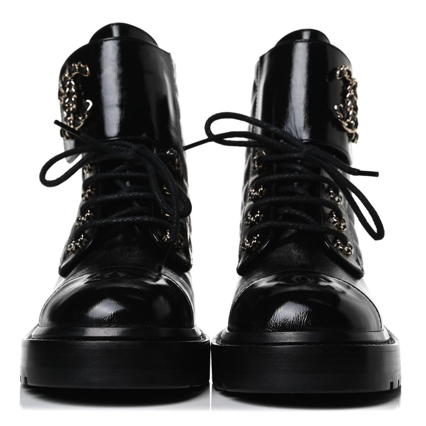 Shiny Calfskin Quilted Lace Up Combat Boots 35.5 Black