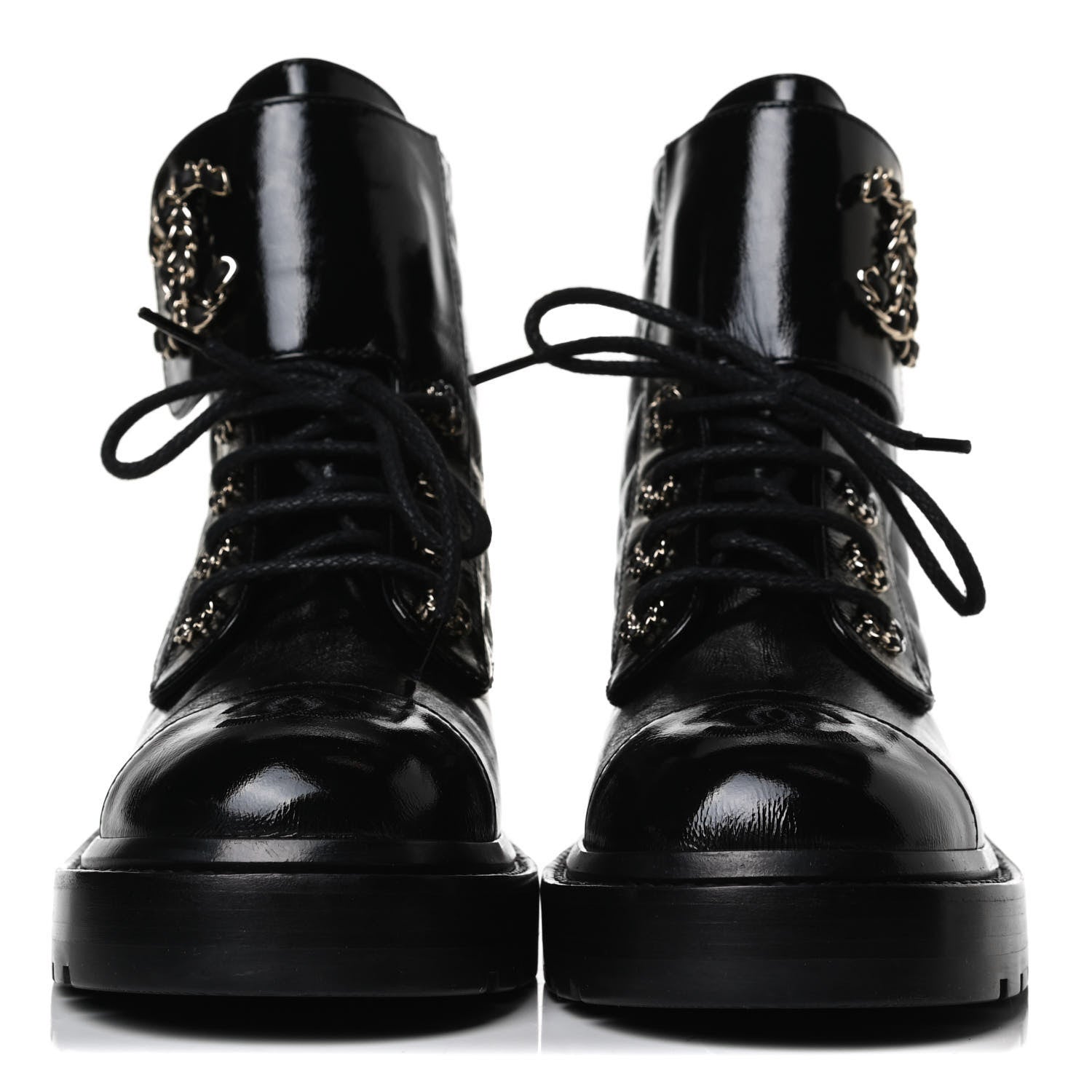Chanel Shiny Calfskin Quilted Lace Up Combat Boots 35.5 Black 2 of 13