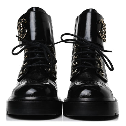 Chanel Shiny Calfskin Quilted Lace Up Combat Boots 35.5 Black 2 of 13