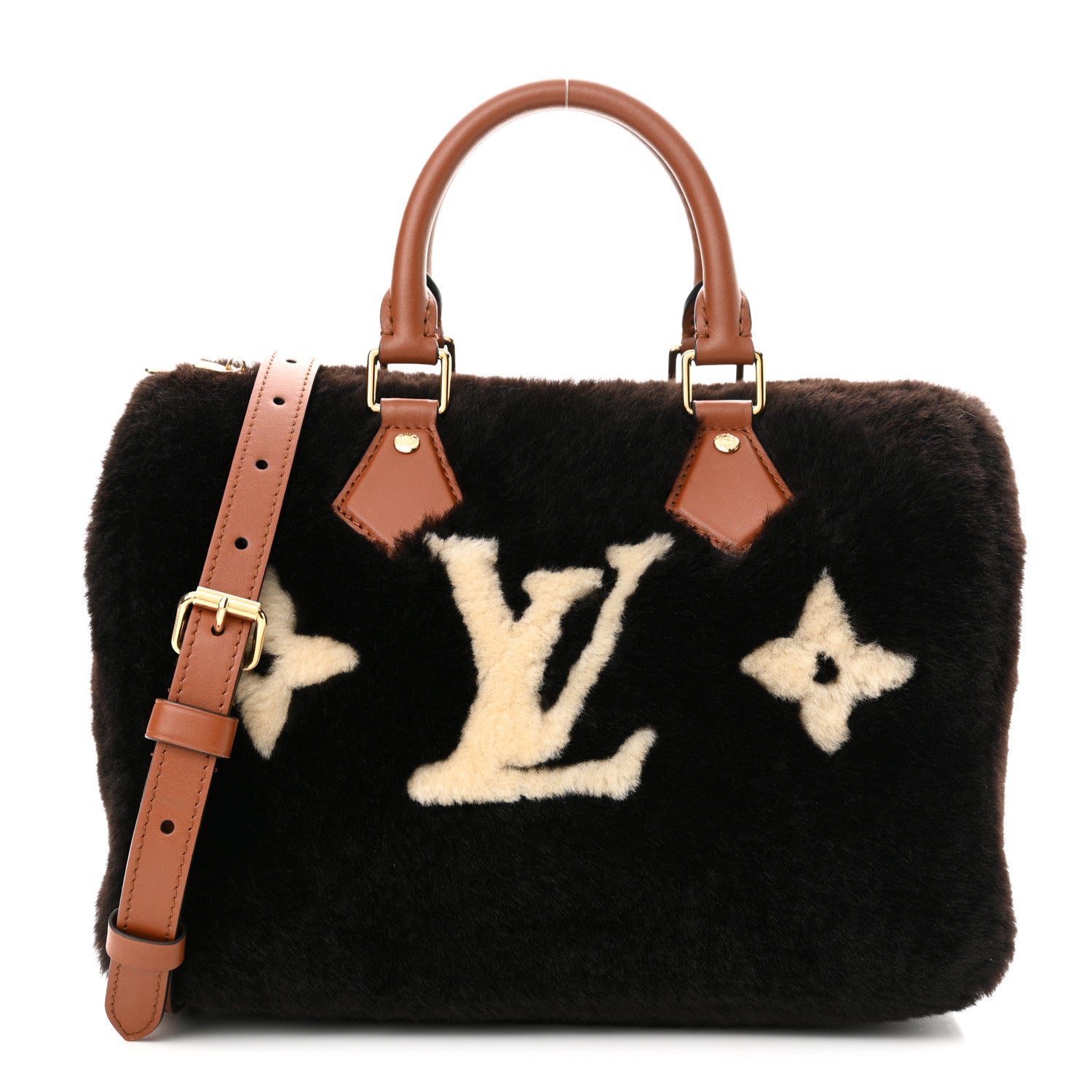 Louis Vuitton Shearling Monogram LV Ski Cozygram Speedy Bandouliere 25 Chocolate Cream 1 of 10