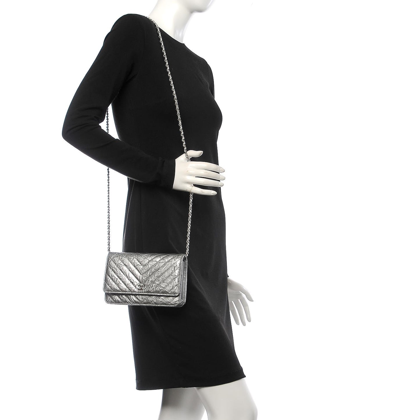 Patent Metallic Crumpled Calfskin Chevron Quilted Wallet On Chain WOC Silver