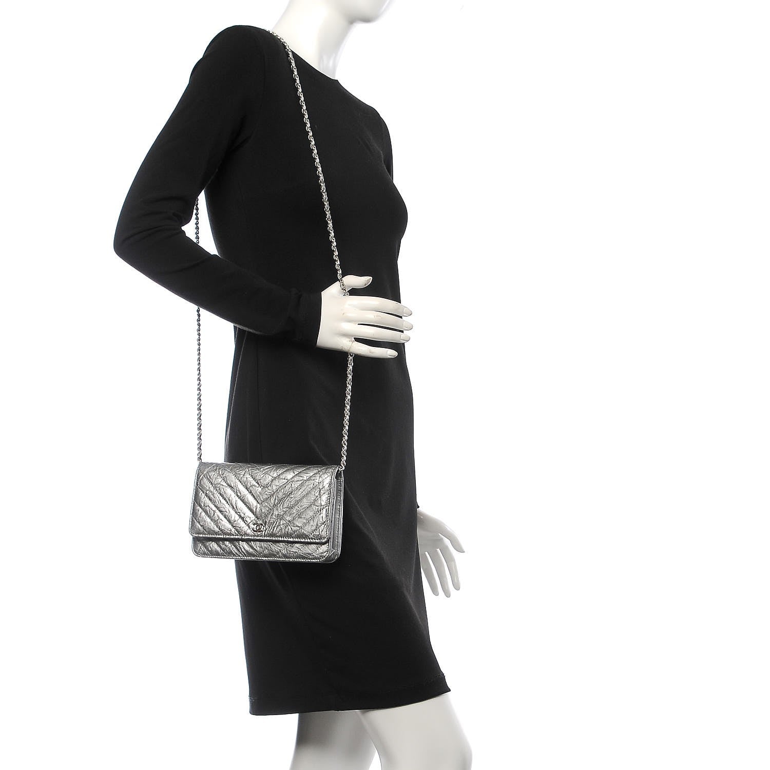 Chanel Patent Metallic Crumpled Calfskin Chevron Quilted Wallet On Chain WOC Silver 2 of 8
