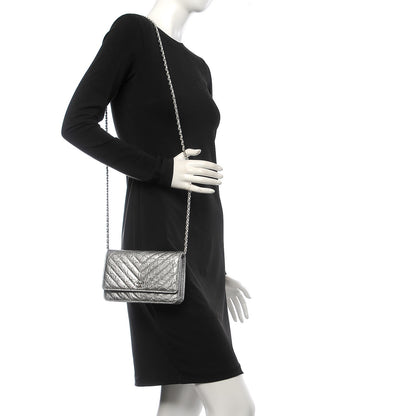 Chanel Patent Metallic Crumpled Calfskin Chevron Quilted Wallet On Chain WOC Silver 2 of 8