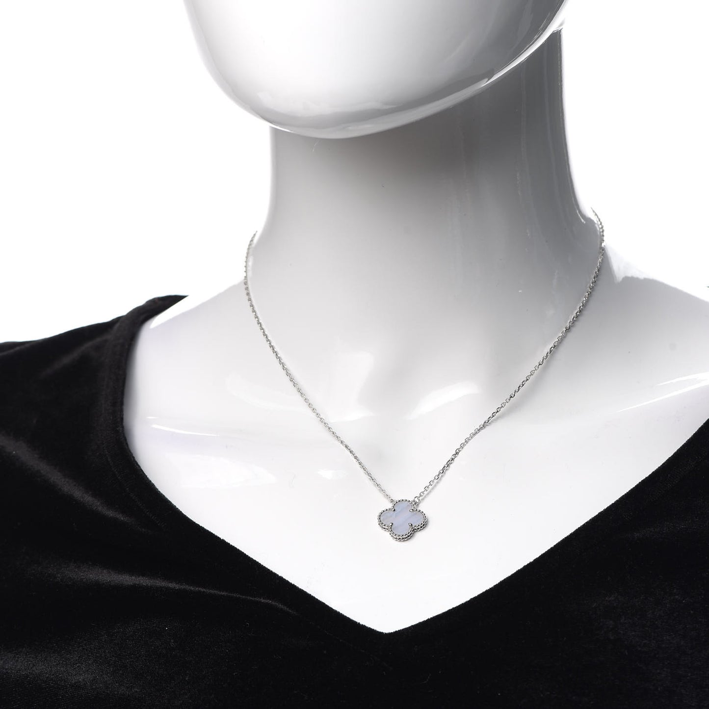 18K White Gold Chalcedony Vintage Alhambra Pendant Necklace