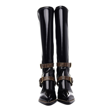 Fendi Glossy Neoprene Glazed Fabric FF FFrame Boots 39 Black Tobacco Moro 2 of 10