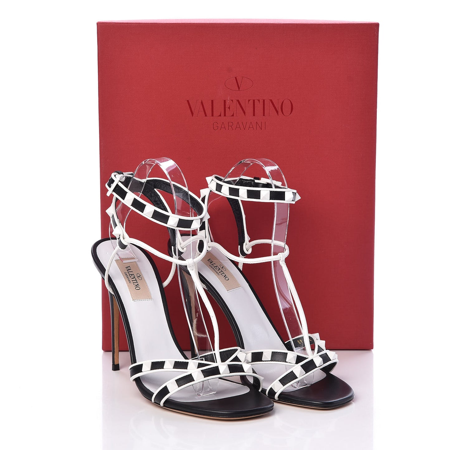 Calfskin Free Rockstud Ankle T-Strap 105mm Sandals 39 Black Optic White